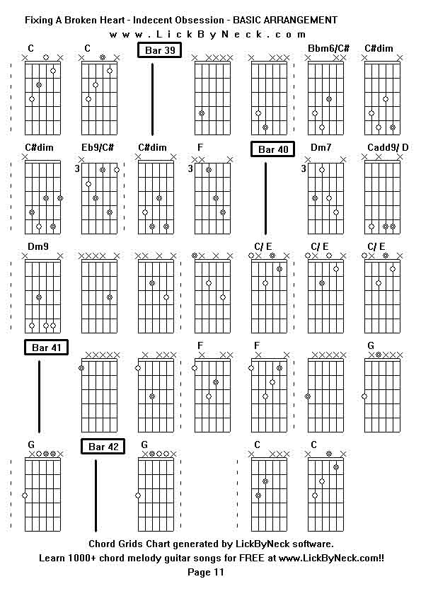 Chord Grids Chart of chord melody fingerstyle guitar song-Fixing A Broken Heart - Indecent Obsession - BASIC ARRANGEMENT,generated by LickByNeck software.